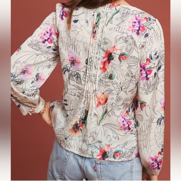 Anthropologie Geisha Barnes Pintucked Ivory Floral Abstract  Button Down Shirt - Picture 3 of 12